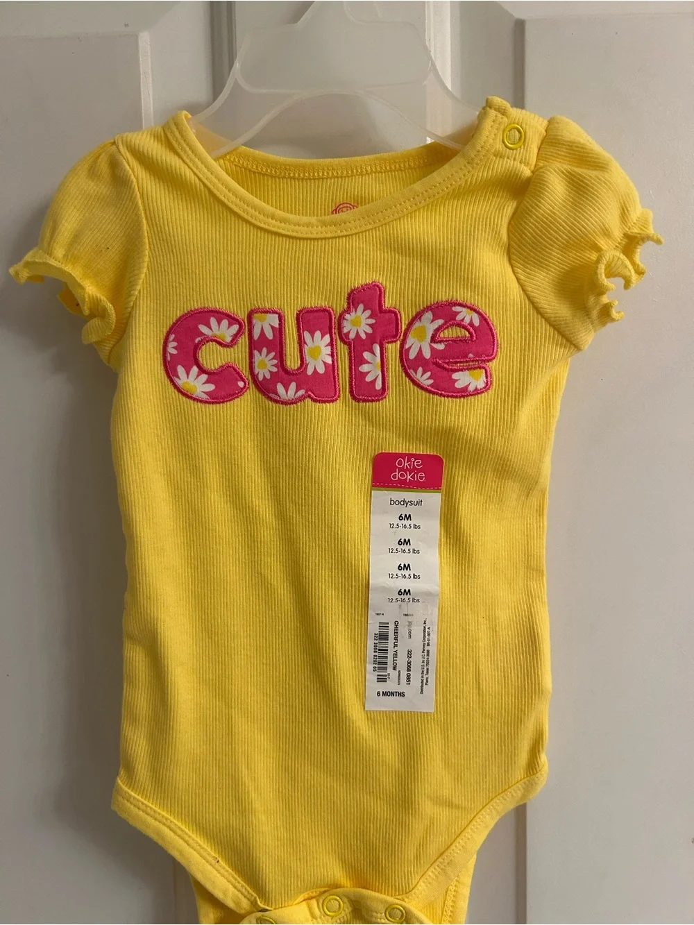 NWT-okie dokie Yellow Bodysuit with Pink 'cute' Appliqué